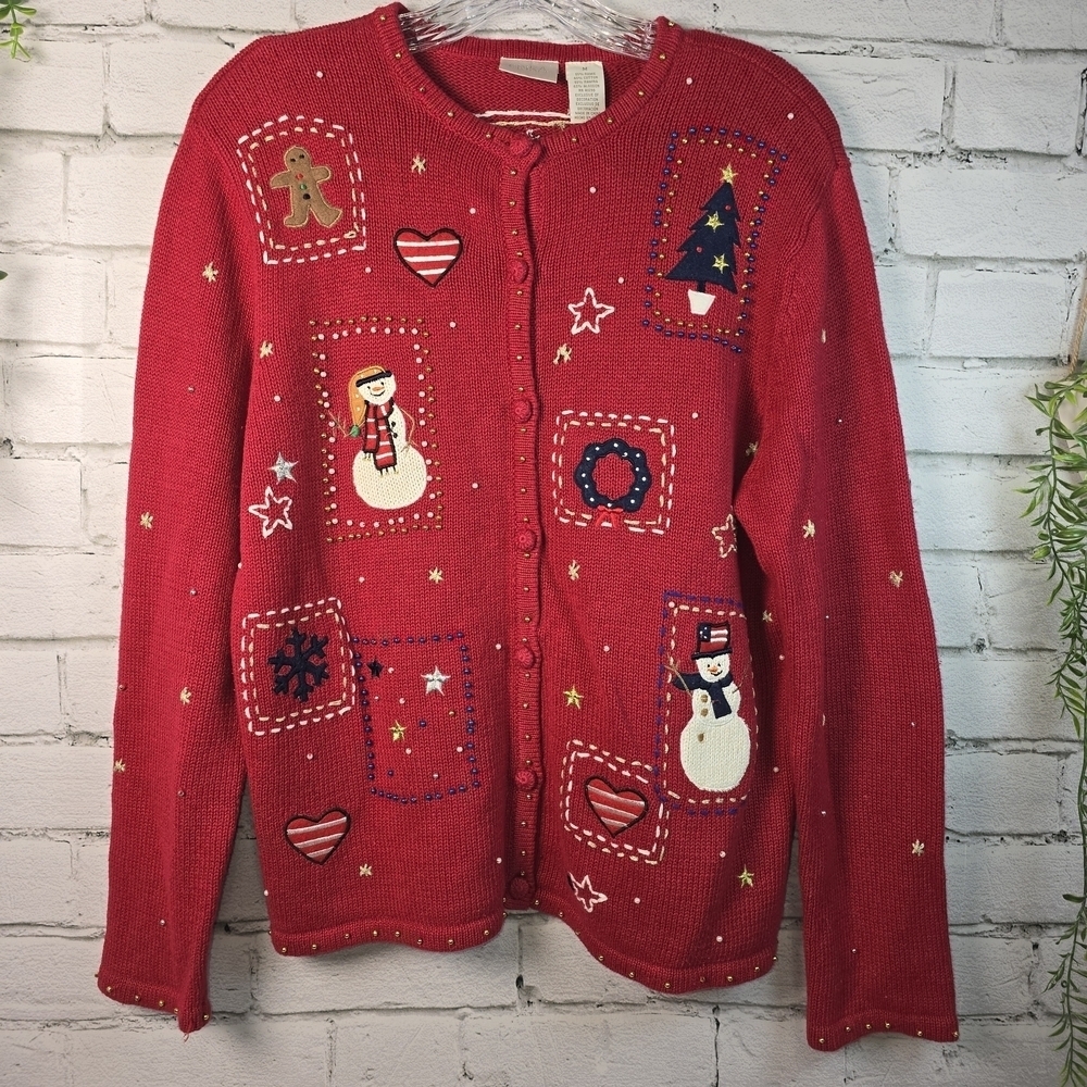 VINTAGE ERIKA CHRISTMAS CARDIGAN RED SNOWMEN CHRISTMAS TREE GINGERBREAD WOMENS M